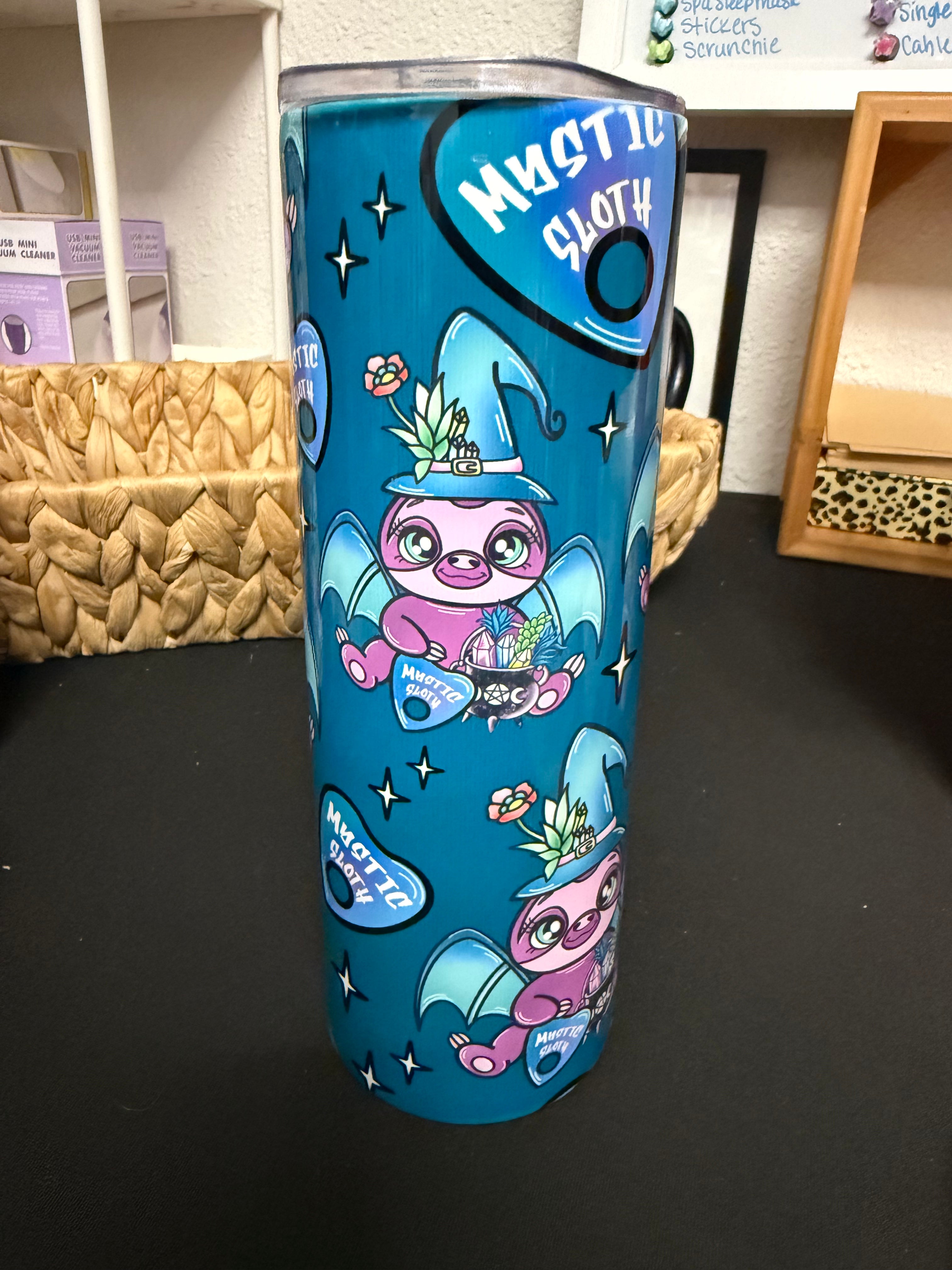 Blue enchanted sloth 20oz tumbler w/straw and lid